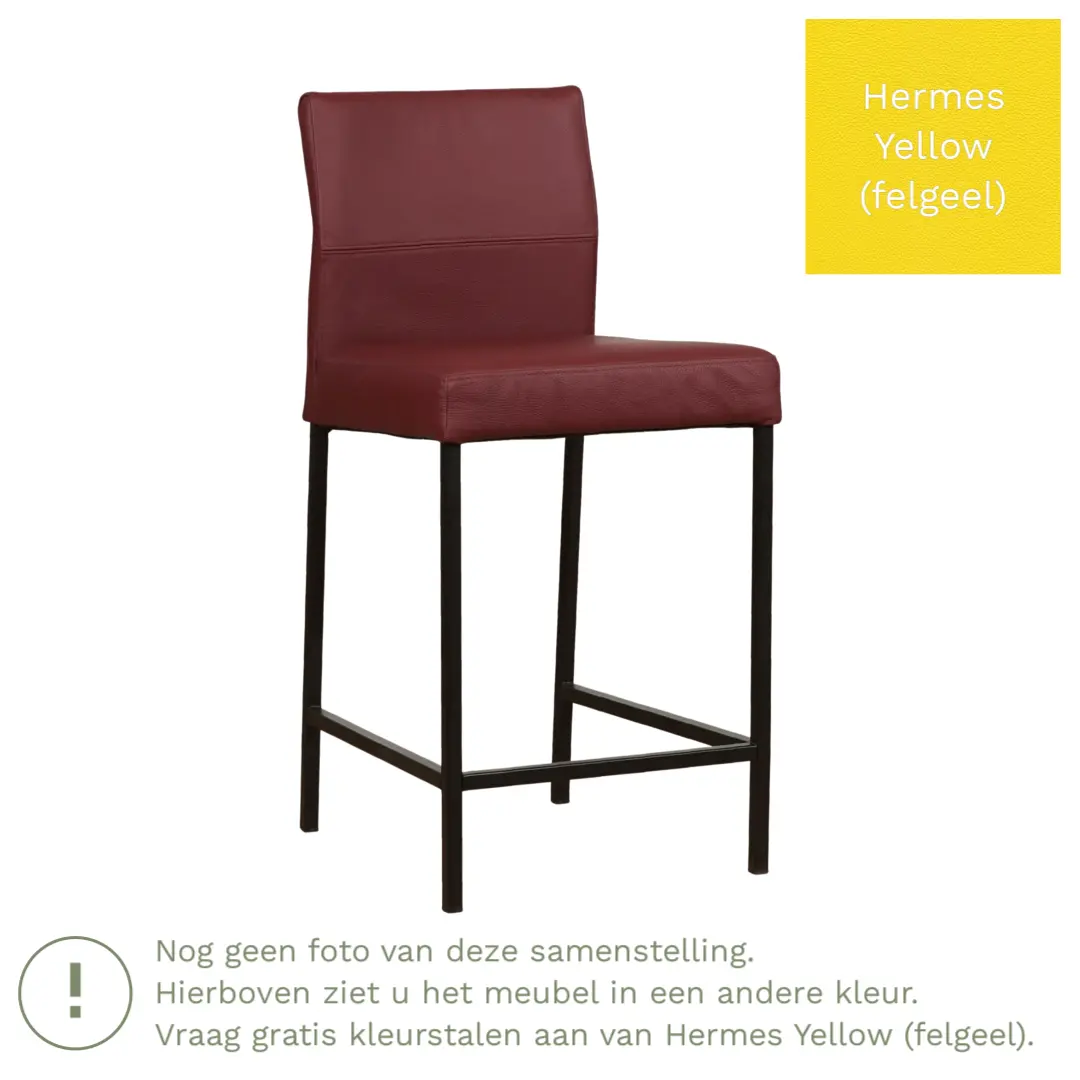 afbeelding van Leren barkruk Bright laag - Hermes Yellow (felgeel) - Poten staal vierkant RVS