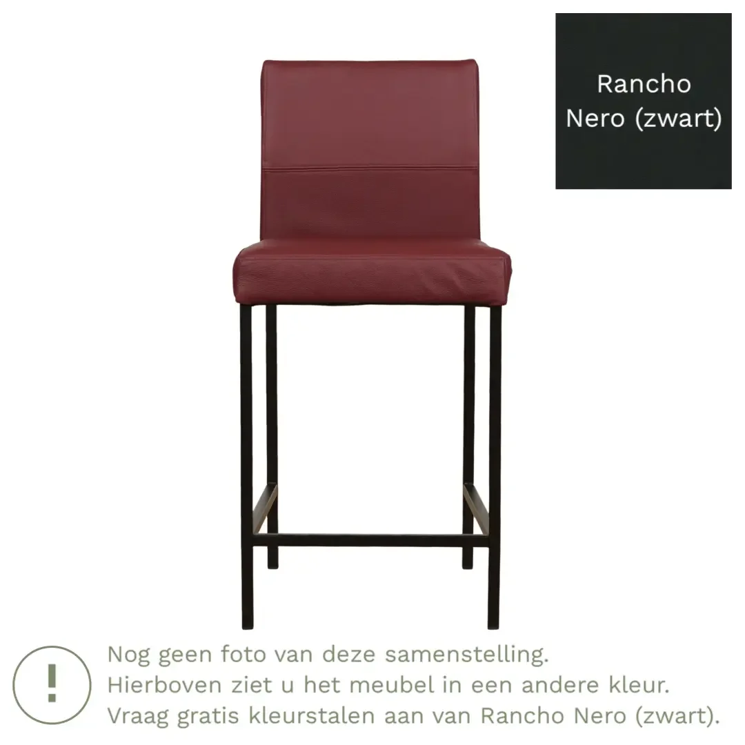 afbeelding van Leren barkruk Bright laag - Rancho Nero (zwart) - Poten staal vierkant RVS