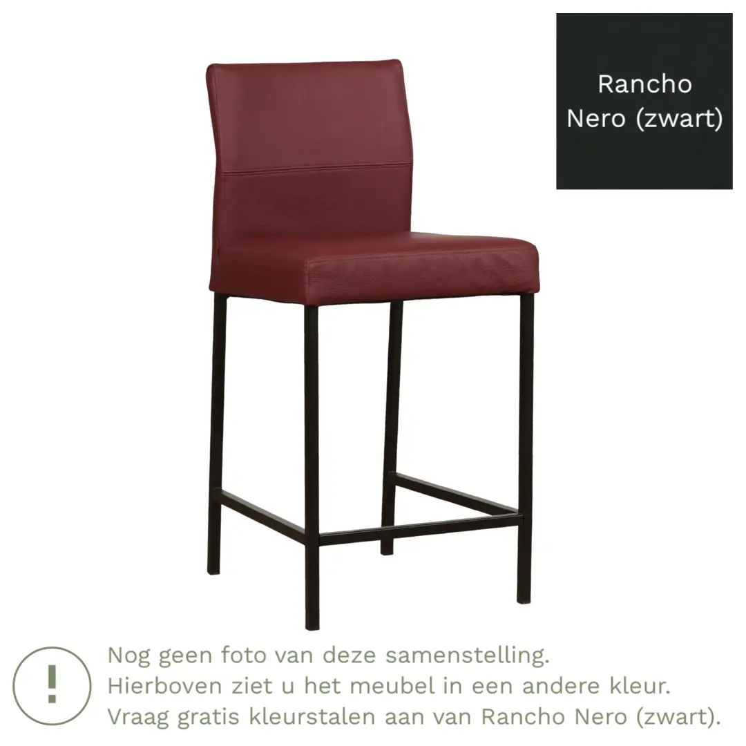 afbeelding van Leren barkruk Bright laag - Rancho Nero (zwart) - Poten staal vierkant zwart