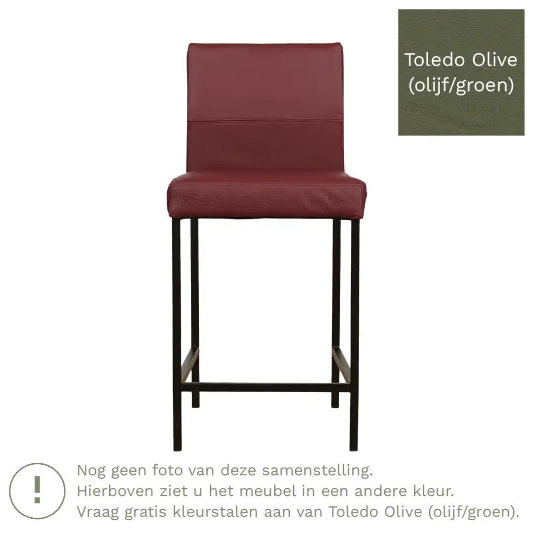 afbeelding van Leren barkruk Bright laag - Toledo Olive (olijf/goen) - Poten staal vierkant RVS
