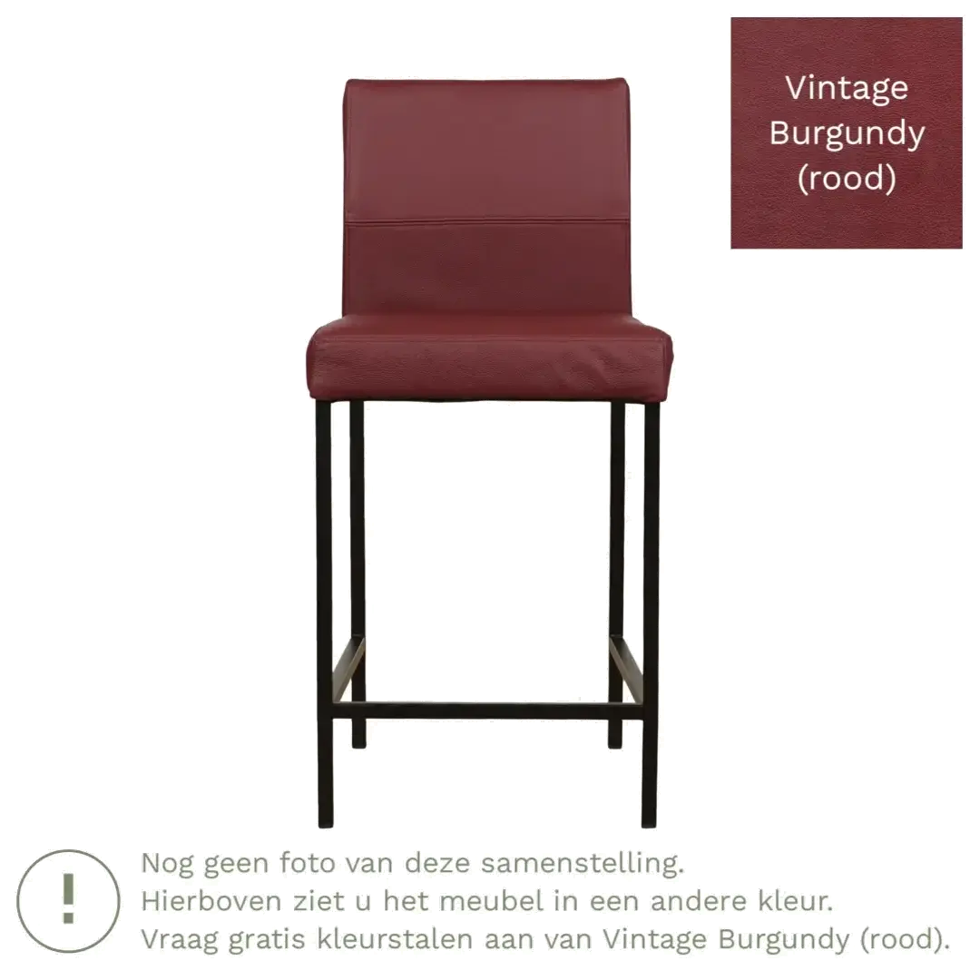 afbeelding van Leren barkruk Bright laag - Vintage Burgundy (rood) - Poten staal vierkant zwart