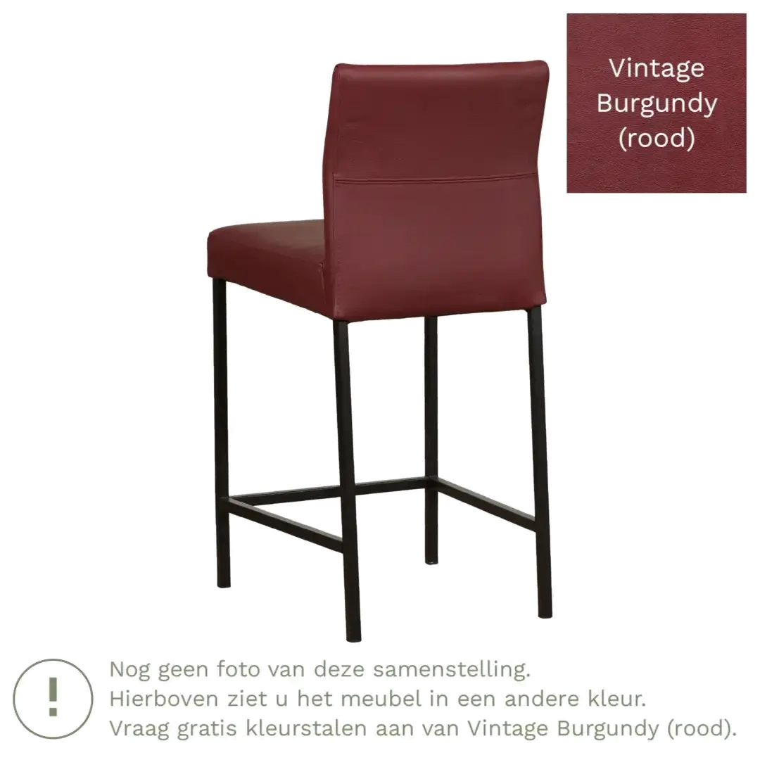 afbeelding van Leren barkruk Bright laag - Vintage Burgundy (rood) - Poten staal vierkant zwart