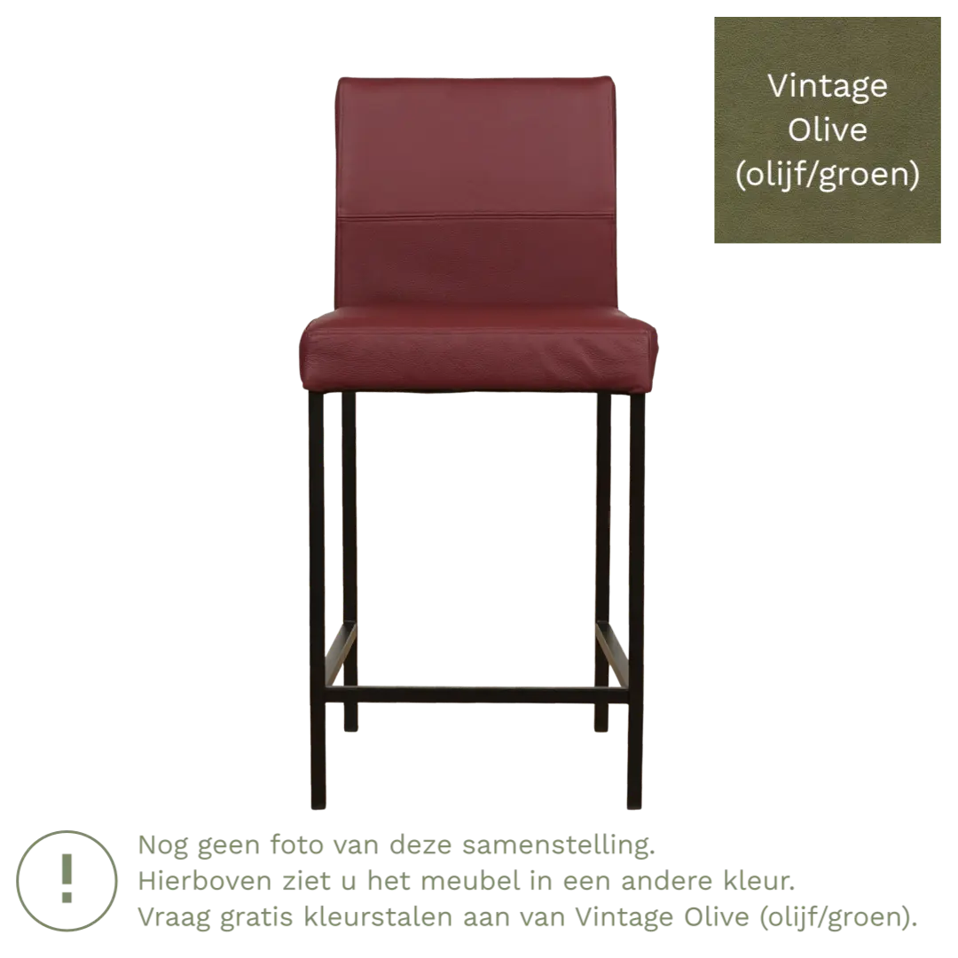 afbeelding van Leren barkruk Bright laag - Vintage Olive (olijf/groen) - Poten staal vierkant zwart