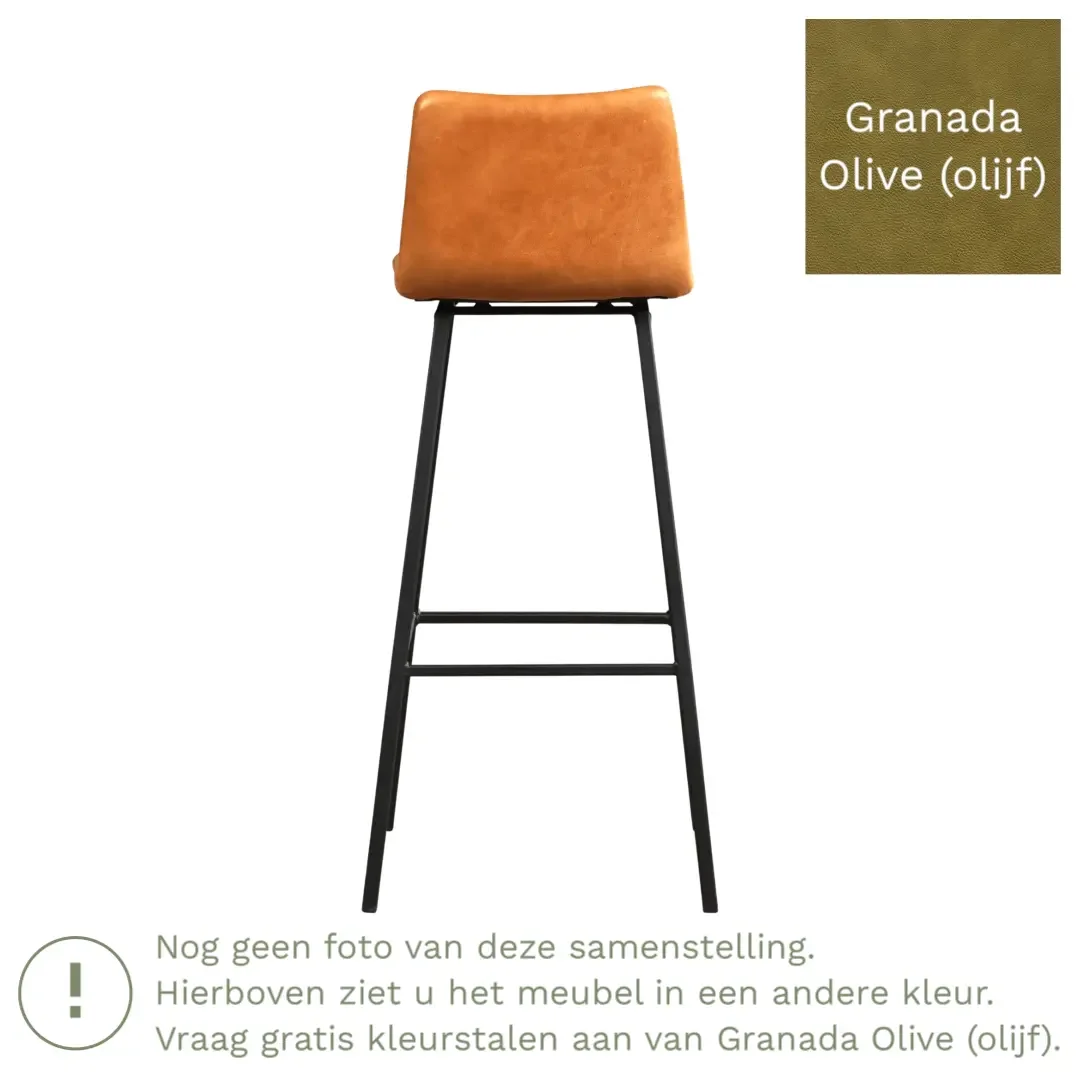 afbeelding van Leren barkruk Catch hoog - Granada Olive (olijf) - Poten staal vierkant RVS
