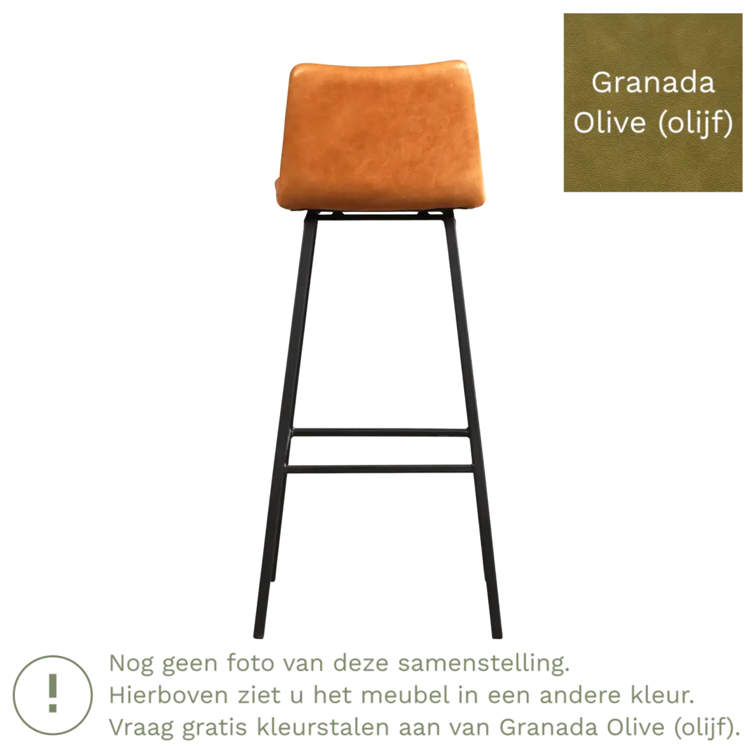 afbeelding van Leren barkruk Catch hoog - Granada Olive (olijf) - Poten staal vierkant zwart