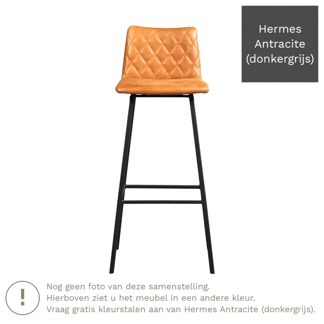 afbeelding van Leren barkruk Catch hoog - Hermes Antracite (donkergrijs) - Poten staal vierkant RVS