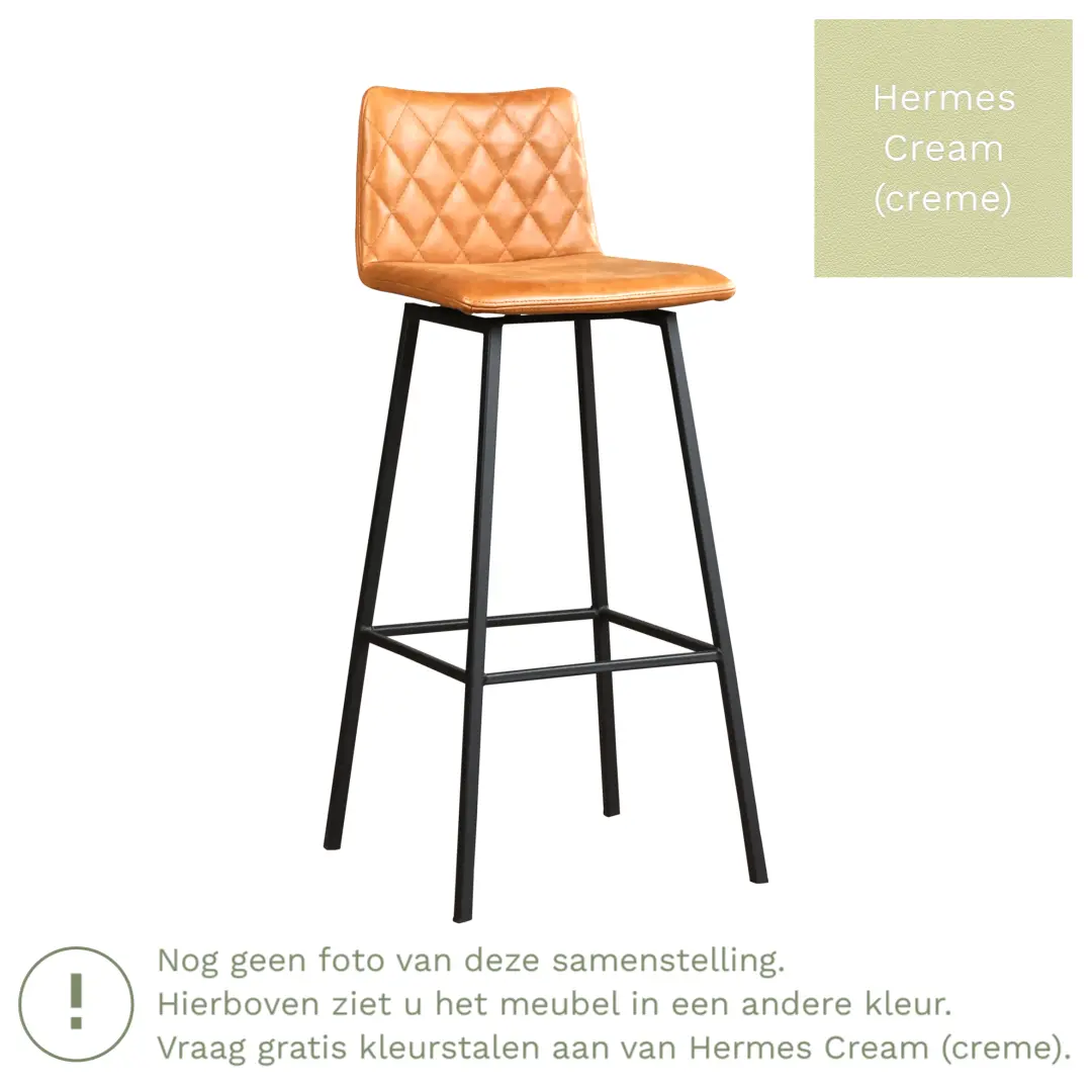 afbeelding van Leren barkruk Catch hoog - Hermes Cream (crème) - Poten staal vierkant zwart