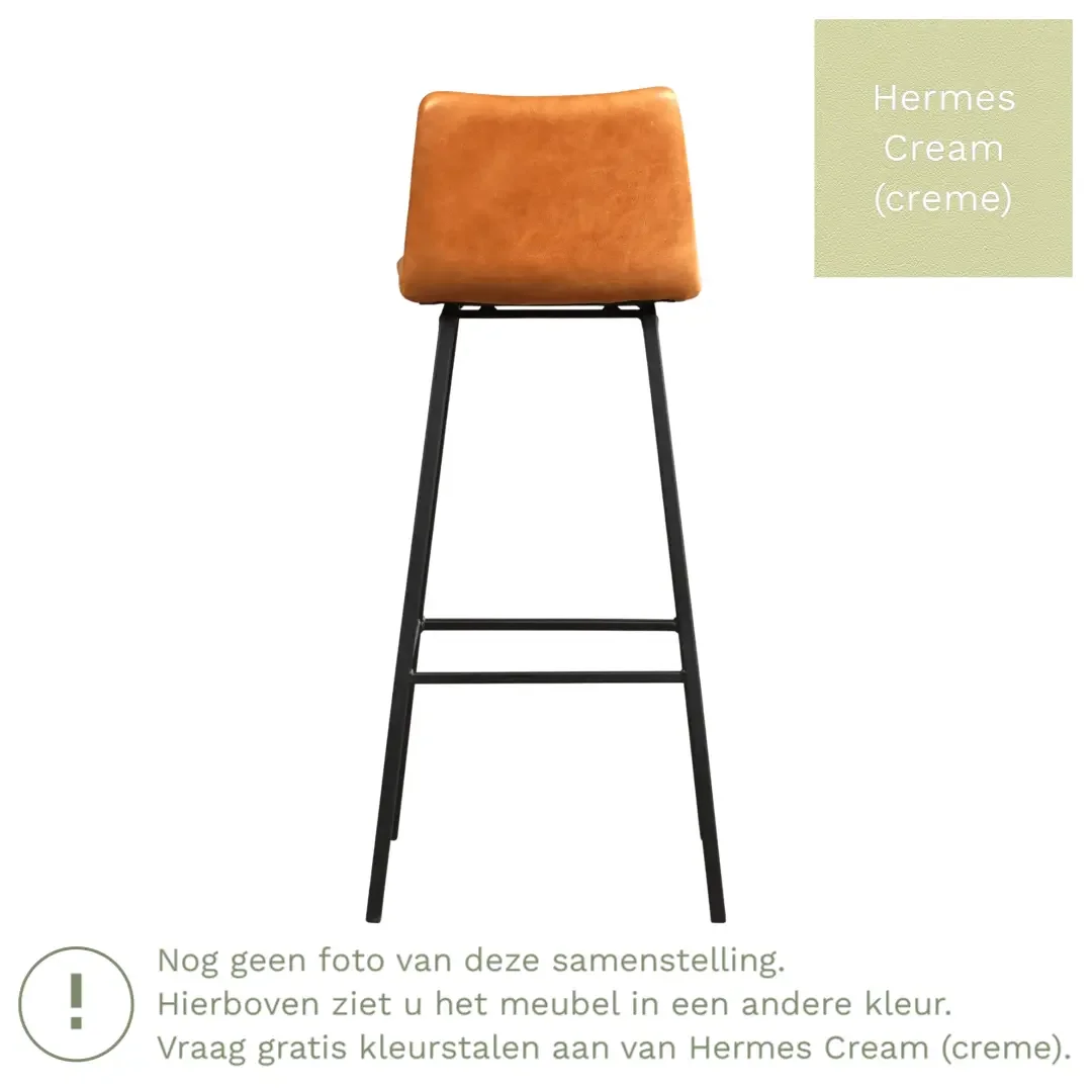 afbeelding van Leren barkruk Catch hoog - Hermes Cream (crème) - Poten staal vierkant zwart