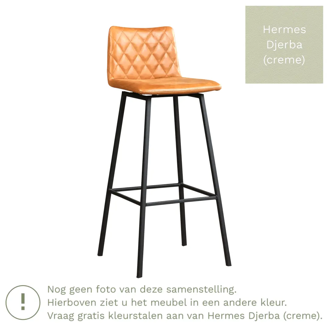 afbeelding van Leren barkruk Catch hoog - Hermes Djerba (crème) - Poten staal vierkant zwart