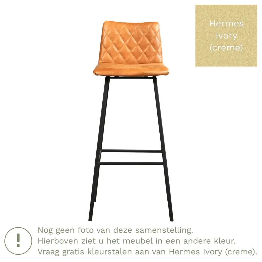 afbeelding van Leren barkruk Catch hoog - Hermes Ivory (crème) - Poten staal vierkant zwart