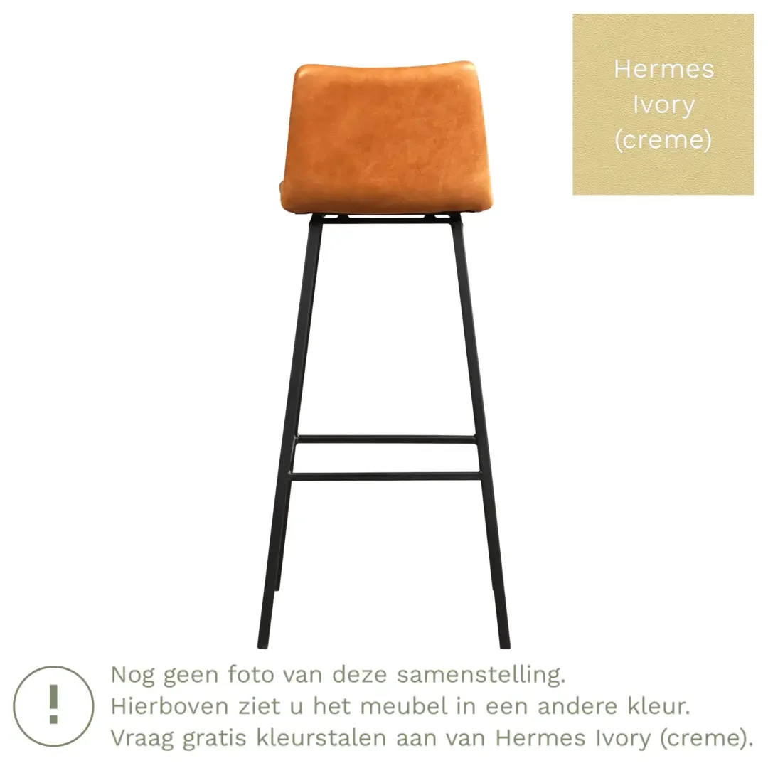 afbeelding van Leren barkruk Catch hoog - Hermes Ivory (crème) - Poten staal vierkant zwart