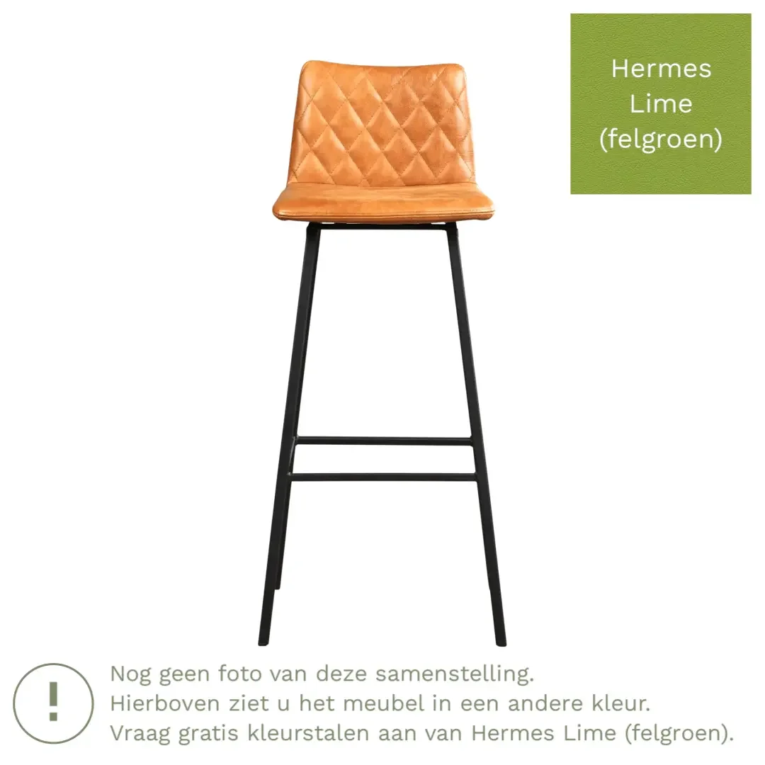 afbeelding van Leren barkruk Catch hoog - Hermes Lime (felgroen) - Poten staal vierkant RVS