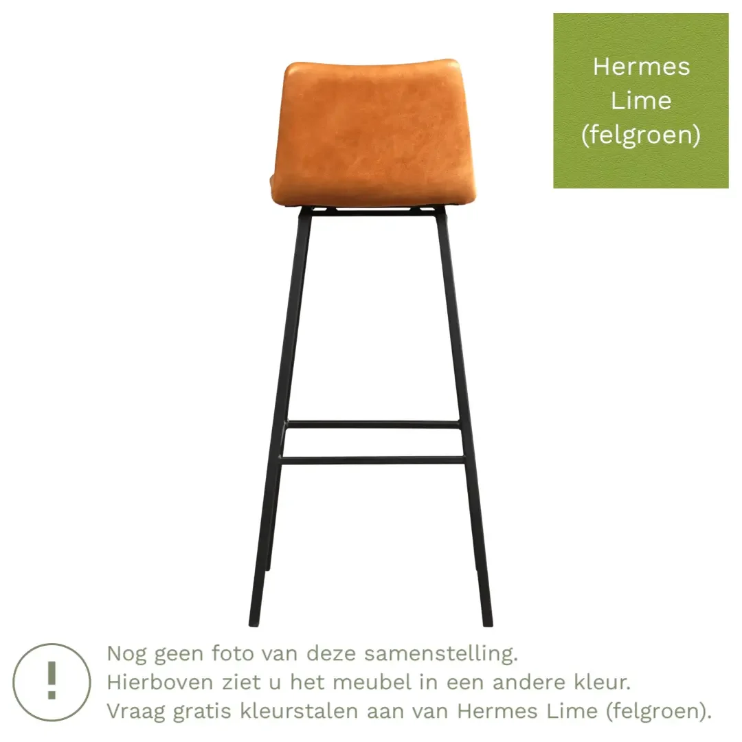 afbeelding van Leren barkruk Catch hoog - Hermes Lime (felgroen) - Poten staal vierkant RVS