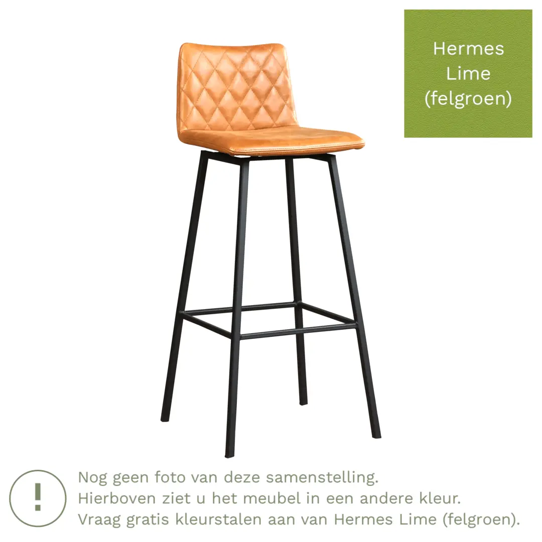 afbeelding van Leren barkruk Catch hoog - Hermes Lime (felgroen) - Poten staal vierkant zwart