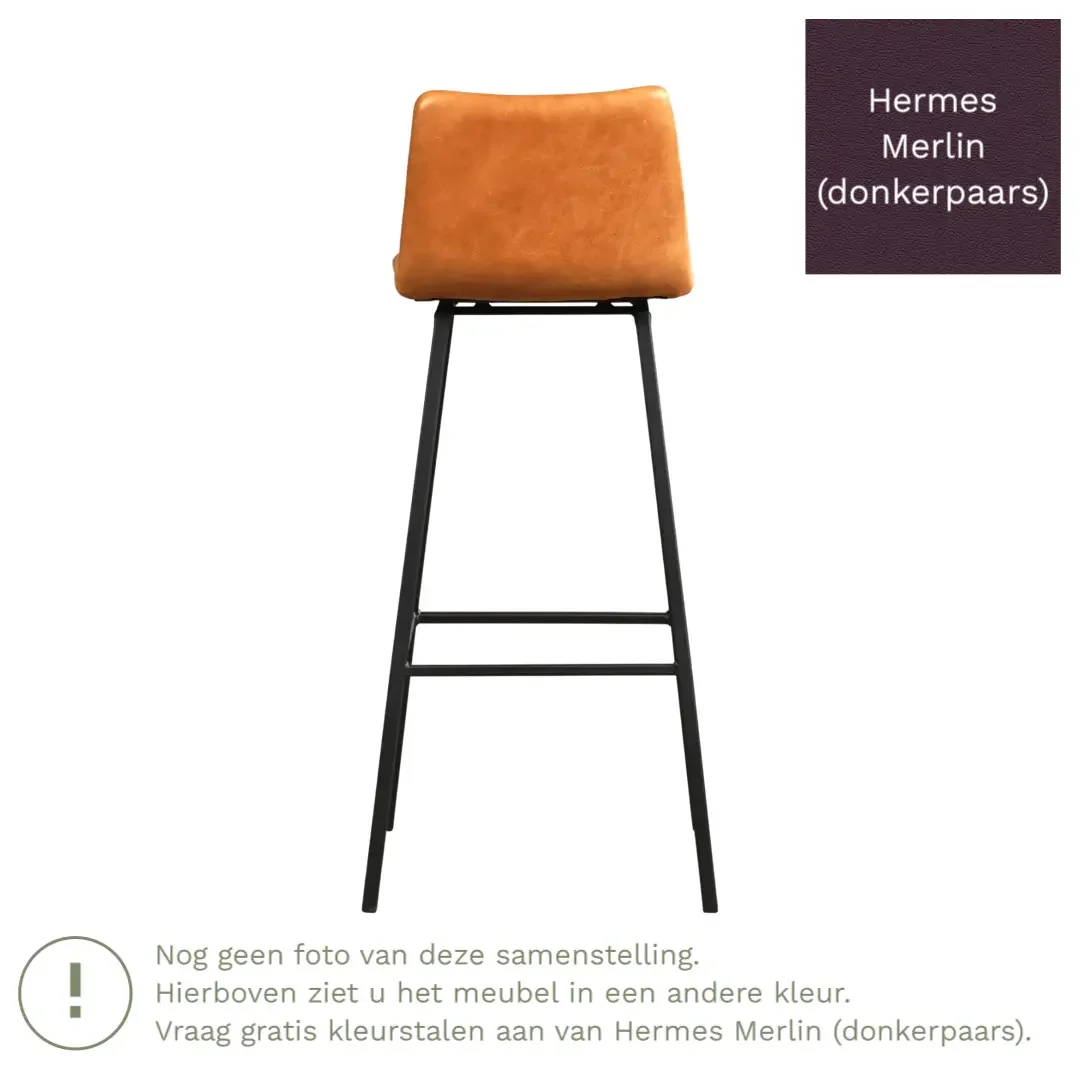 afbeelding van Leren barkruk Catch hoog - Hermes Merlin (donkerpaars) - Poten staal vierkant RVS