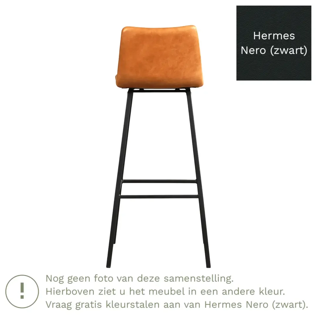 afbeelding van Leren barkruk Catch hoog - Hermes Nero (zwart) - Poten staal vierkant RVS