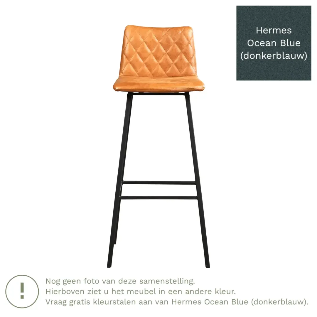 afbeelding van Leren barkruk Catch hoog - Hermes Ocean Blue (donkerblauw) - Poten staal vierkant zwart