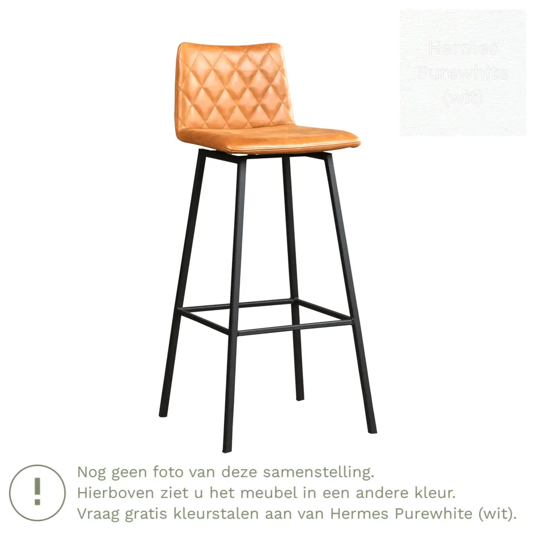 afbeelding van Leren barkruk Catch hoog - Hermes Purewhite (wit) - Poten staal vierkant zwart