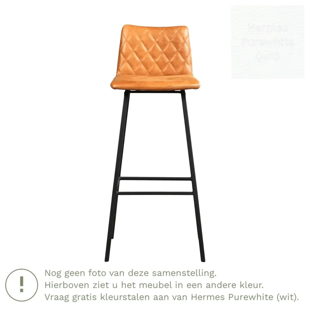 afbeelding van Leren barkruk Catch hoog - Hermes Purewhite (wit) - Poten staal vierkant zwart