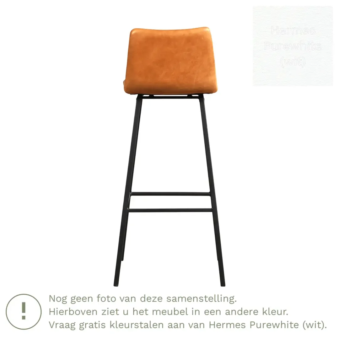 afbeelding van Leren barkruk Catch hoog - Hermes Purewhite (wit) - Poten staal vierkant zwart