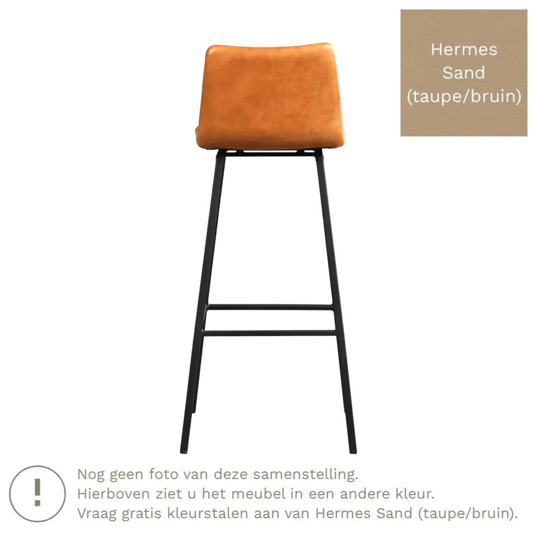 afbeelding van Leren barkruk Catch hoog - Hermes Sand (taupe/bruin) - Poten staal vierkant RVS