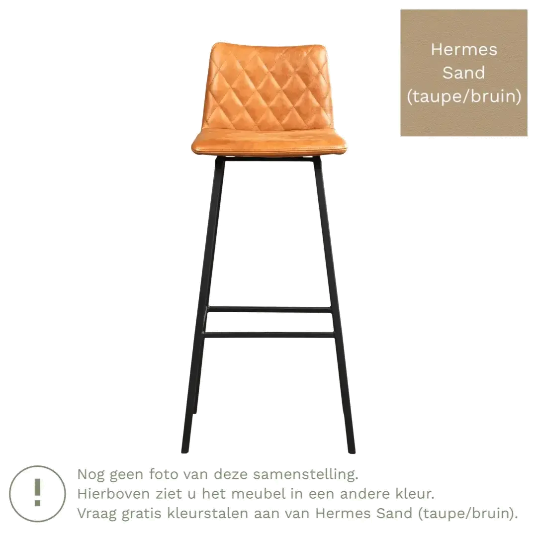 afbeelding van Leren barkruk Catch hoog - Hermes Sand (taupe/bruin) - Poten staal vierkant zwart