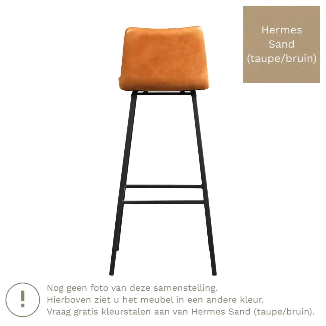 afbeelding van Leren barkruk Catch hoog - Hermes Sand (taupe/bruin) - Poten staal vierkant zwart