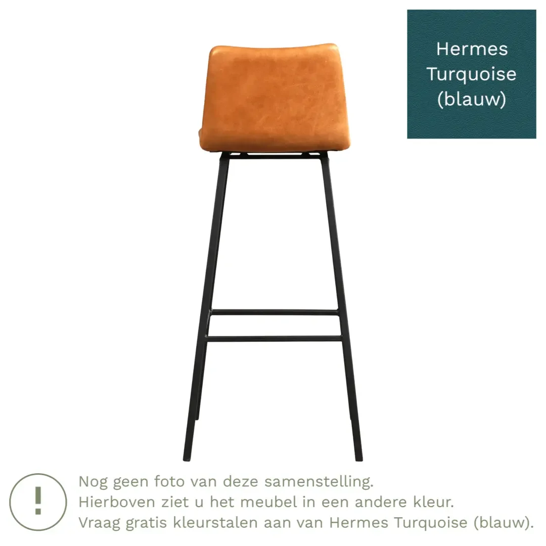 afbeelding van Leren barkruk Catch hoog - Hermes Turquoise (blauw) - Poten staal vierkant RVS