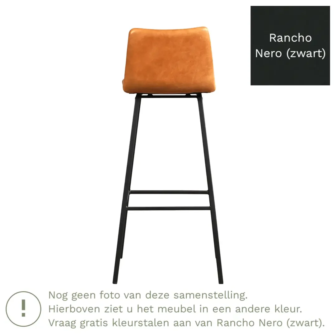 afbeelding van Leren barkruk Catch hoog - Rancho Nero (zwart) - Poten staal vierkant RVS