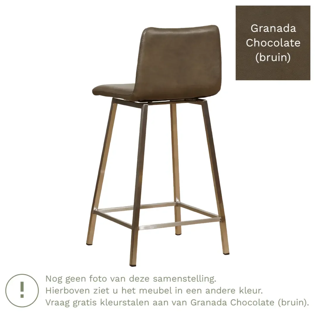 afbeelding van Leren barkruk Catch laag - Granada Chocolate (bruin) - Poten staal vierkant RVS