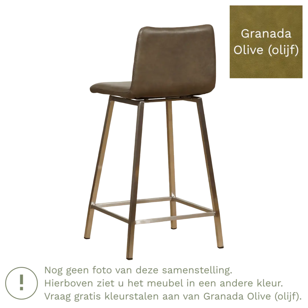 afbeelding van Leren barkruk Catch laag - Granada Olive (olijf) - Poten staal vierkant RVS
