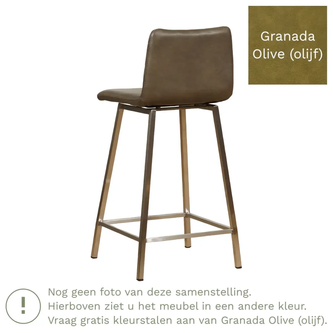 afbeelding van Leren barkruk Catch laag - Granada Olive (olijf) - Poten staal vierkant zwart