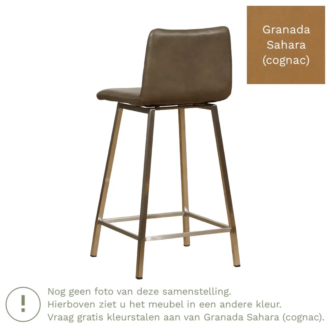 afbeelding van Leren barkruk Catch laag - Granada Sahara (cognac) - Poten staal vierkant zwart