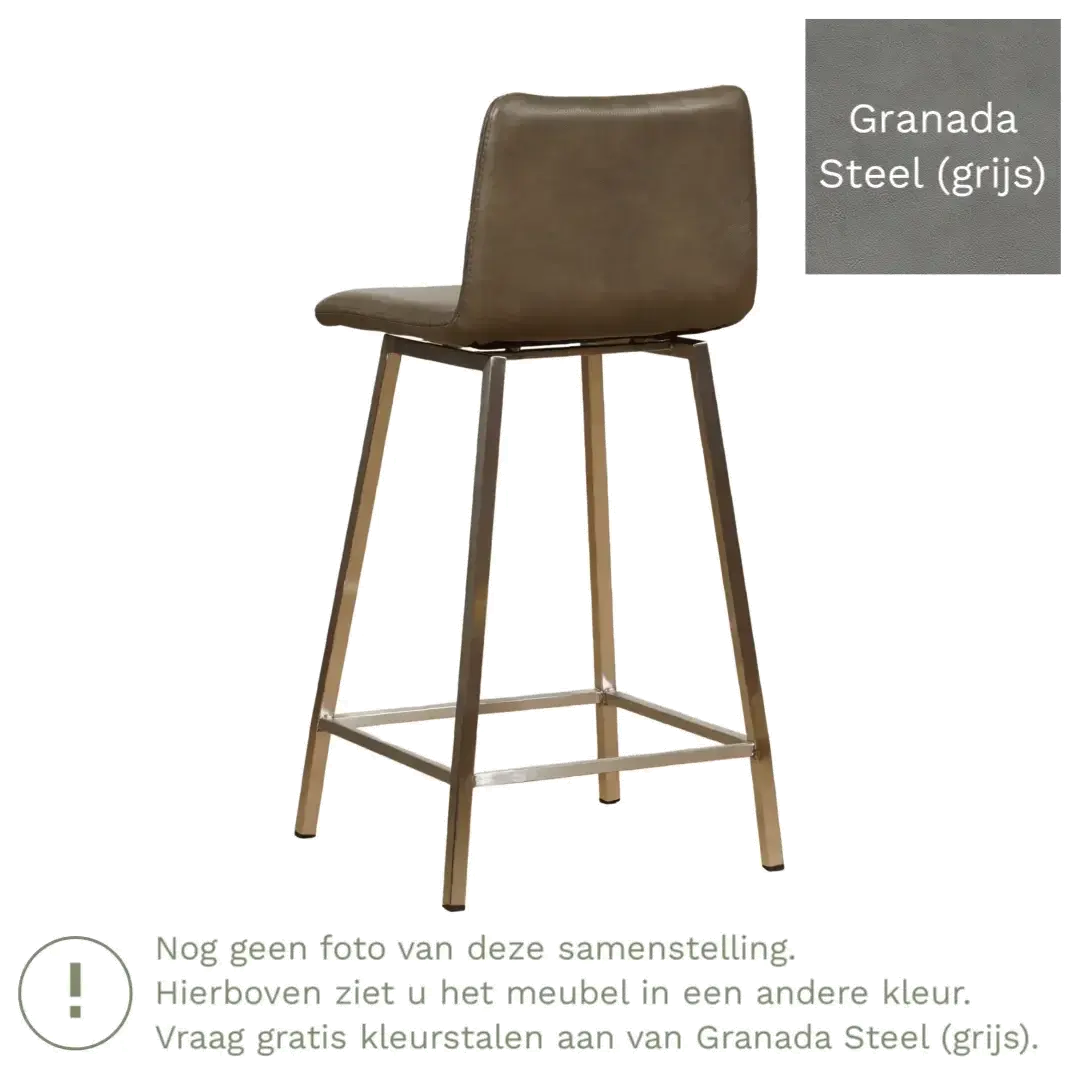 afbeelding van Leren barkruk Catch laag - Granada Steel (grijs) - Poten staal vierkant zwart