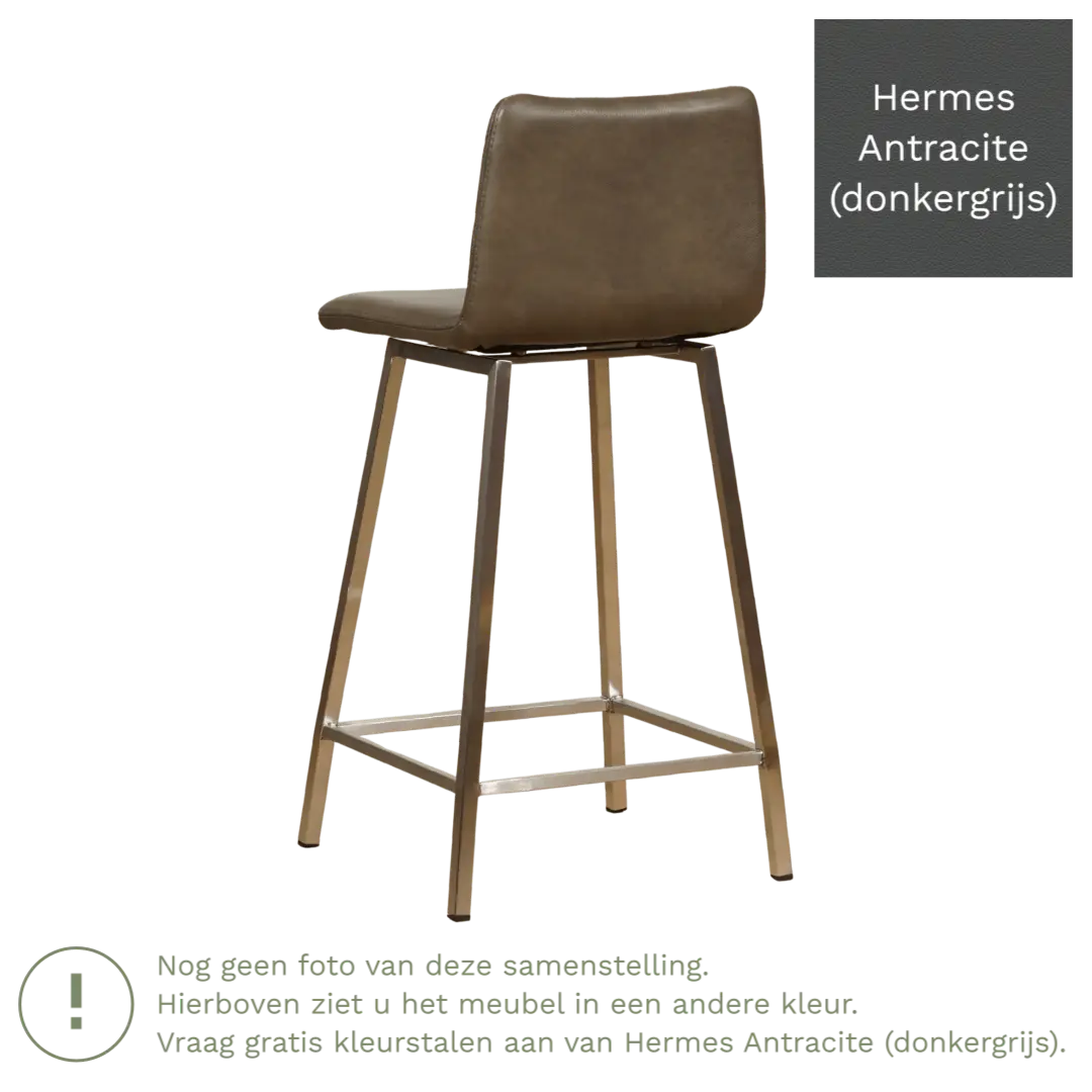afbeelding van Leren barkruk Catch laag - Hermes Antracite (donkergrijs) - Poten staal vierkant RVS