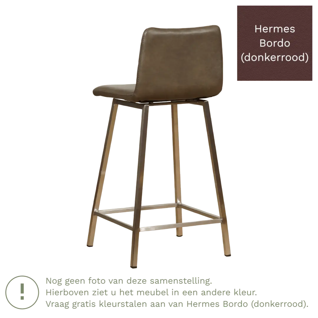 afbeelding van Leren barkruk Catch laag - Hermes Bordo (donkerrood) - Poten staal vierkant RVS
