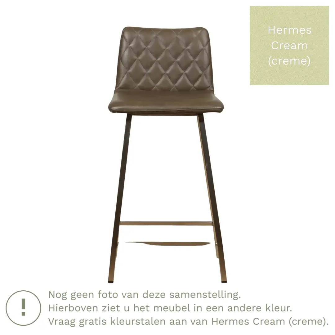 afbeelding van Leren barkruk Catch laag - Hermes Cream (crème) - Poten staal vierkant RVS