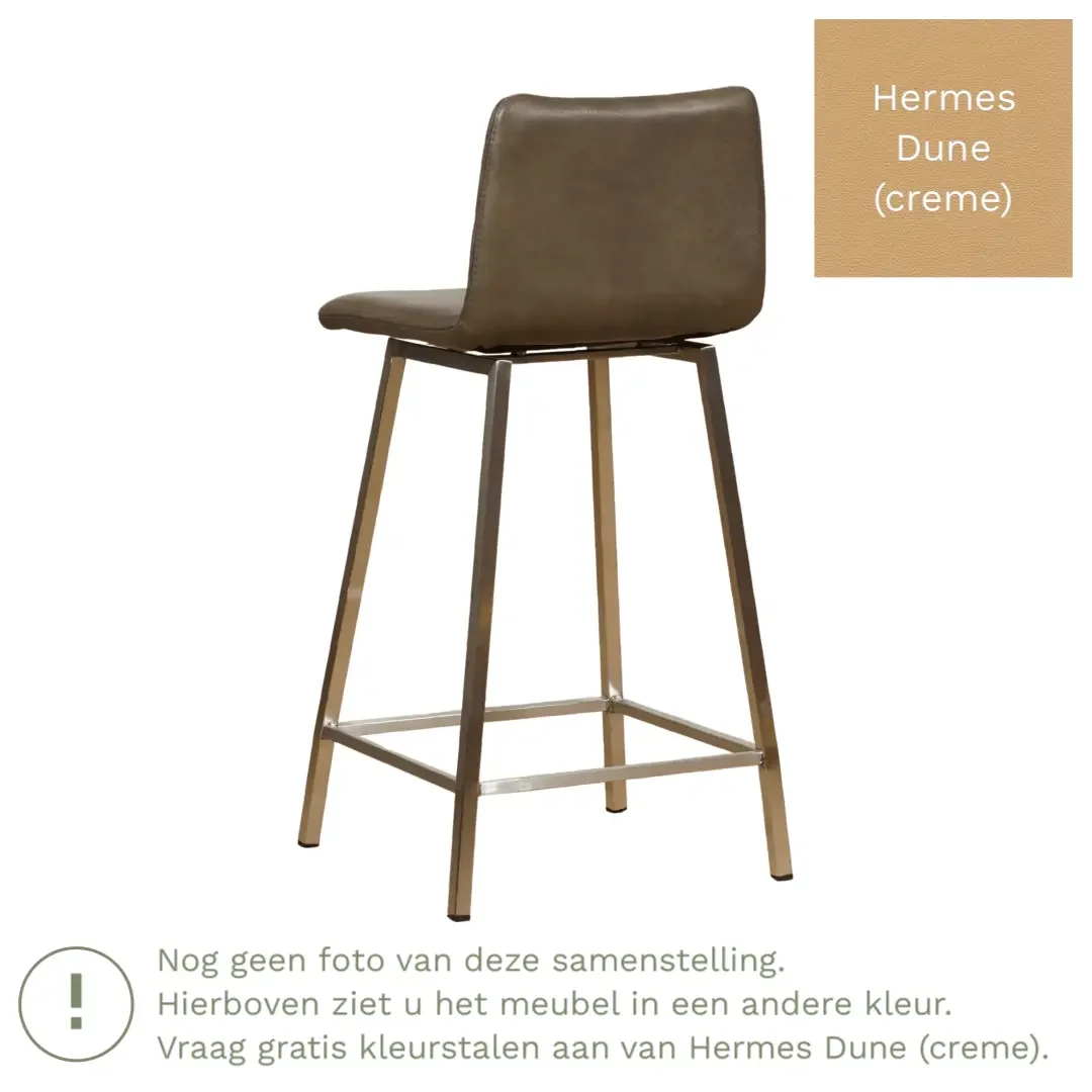 afbeelding van Leren barkruk Catch laag - Hermes Dune (crème) - Poten staal vierkant RVS