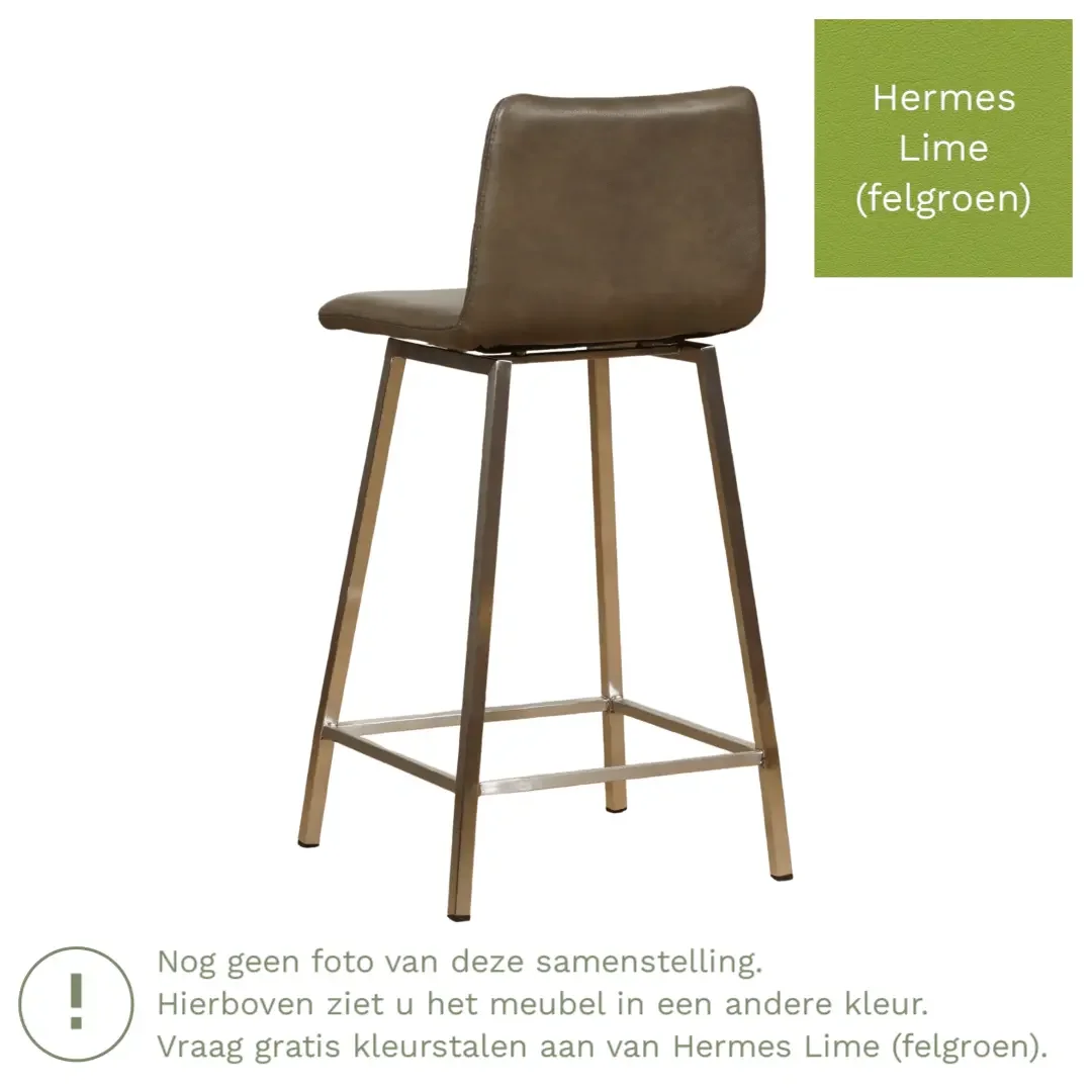 afbeelding van Leren barkruk Catch laag - Hermes Lime (felgroen) - Poten staal vierkant RVS