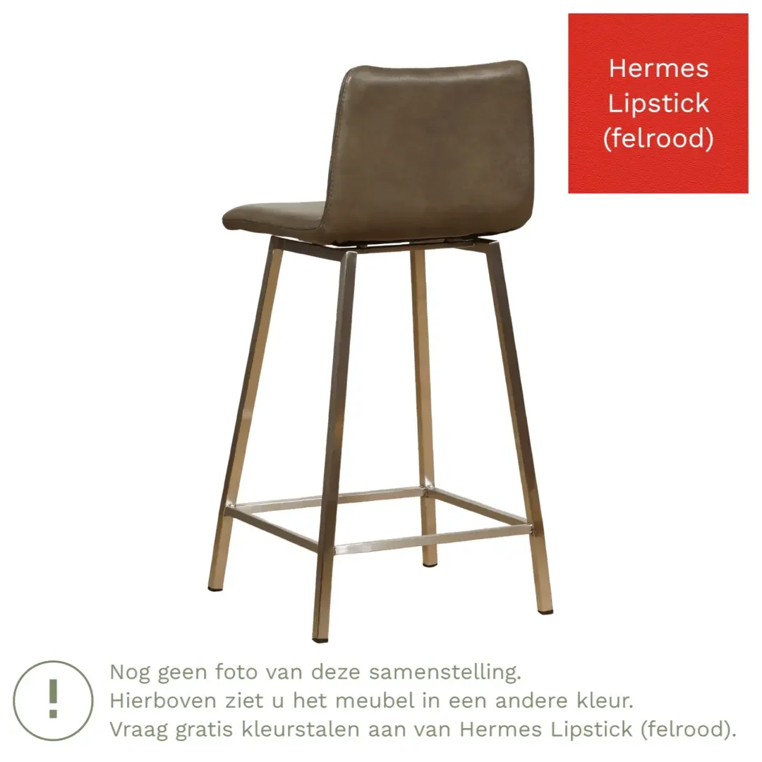 afbeelding van Leren barkruk Catch laag - Hermes Lipstick (felrood) - Poten staal vierkant zwart