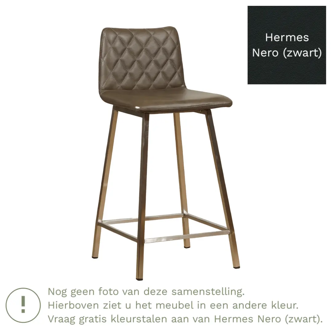 afbeelding van Leren barkruk Catch laag - Hermes Nero (zwart) - Poten staal vierkant zwart