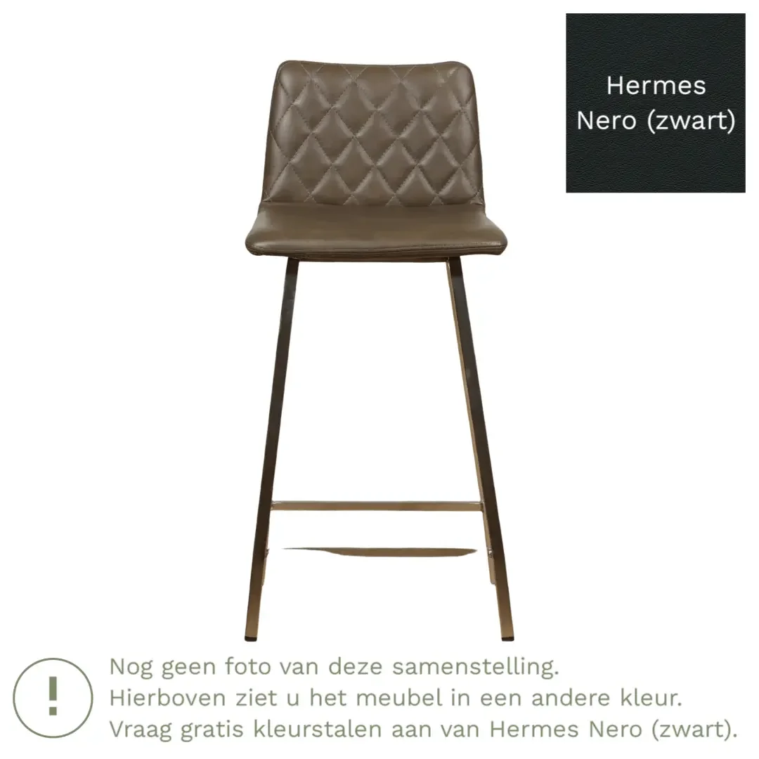 afbeelding van Leren barkruk Catch laag - Hermes Nero (zwart) - Poten staal vierkant zwart