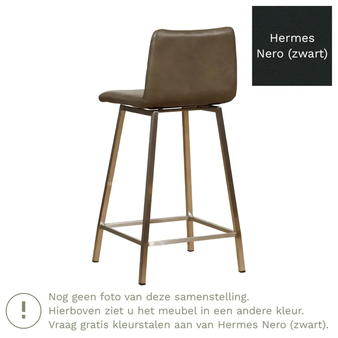 afbeelding van Leren barkruk Catch laag - Hermes Nero (zwart) - Poten staal vierkant zwart