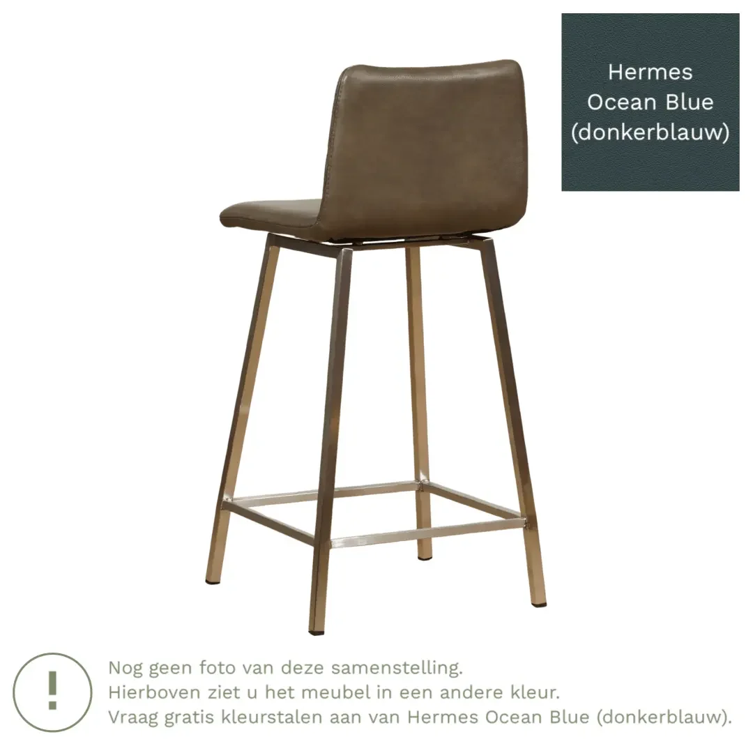 afbeelding van Leren barkruk Catch laag - Hermes Ocean Blue (donkerblauw) - Poten staal vierkant zwart