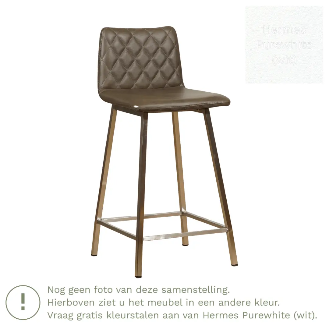 afbeelding van Leren barkruk Catch laag - Hermes Purewhite (wit) - Poten staal vierkant RVS