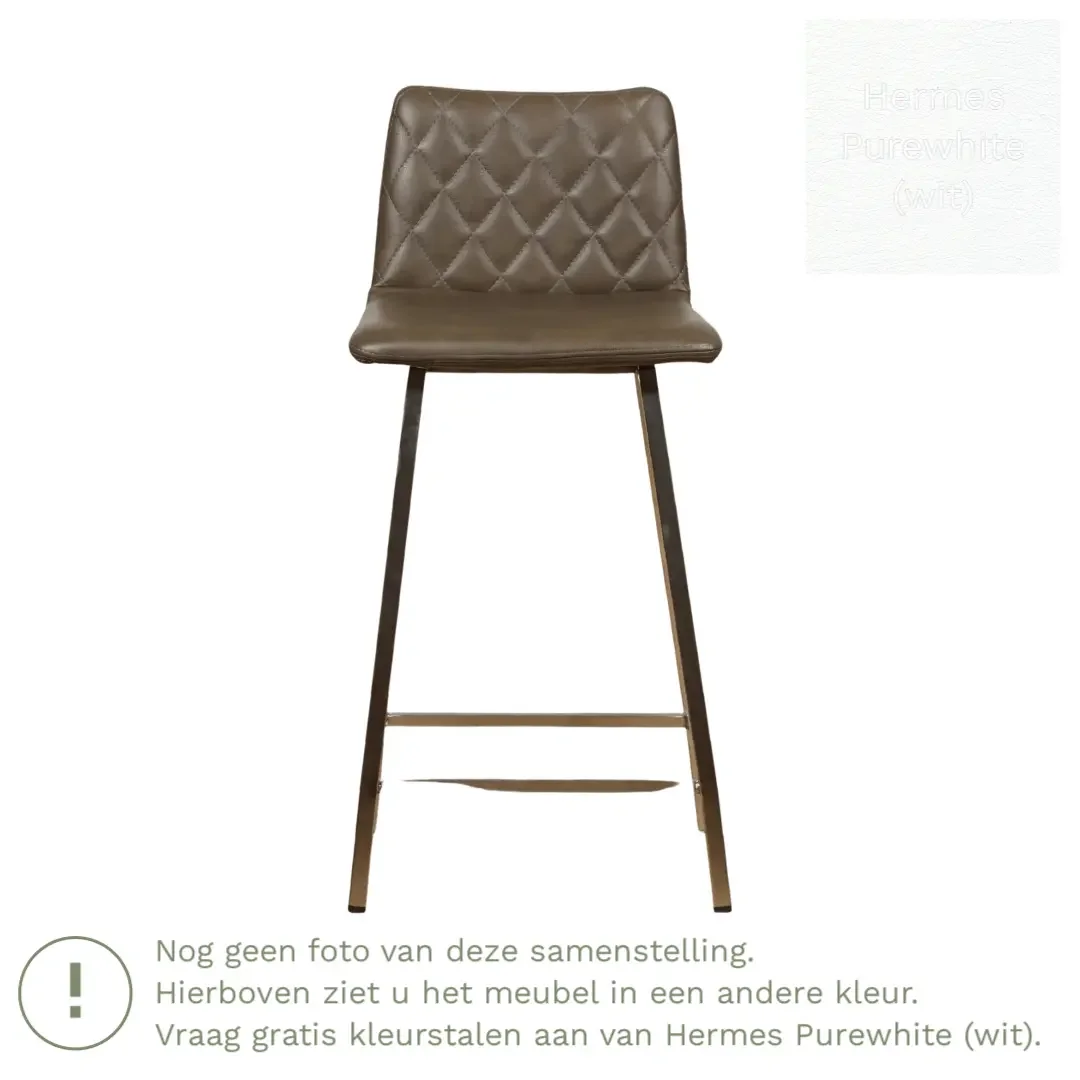 afbeelding van Leren barkruk Catch laag - Hermes Purewhite (wit) - Poten staal vierkant RVS