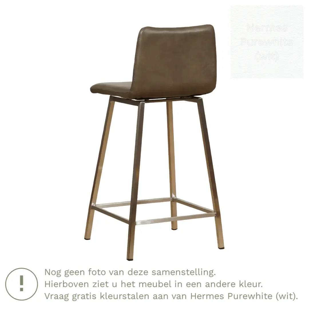 afbeelding van Leren barkruk Catch laag - Hermes Purewhite (wit) - Poten staal vierkant RVS