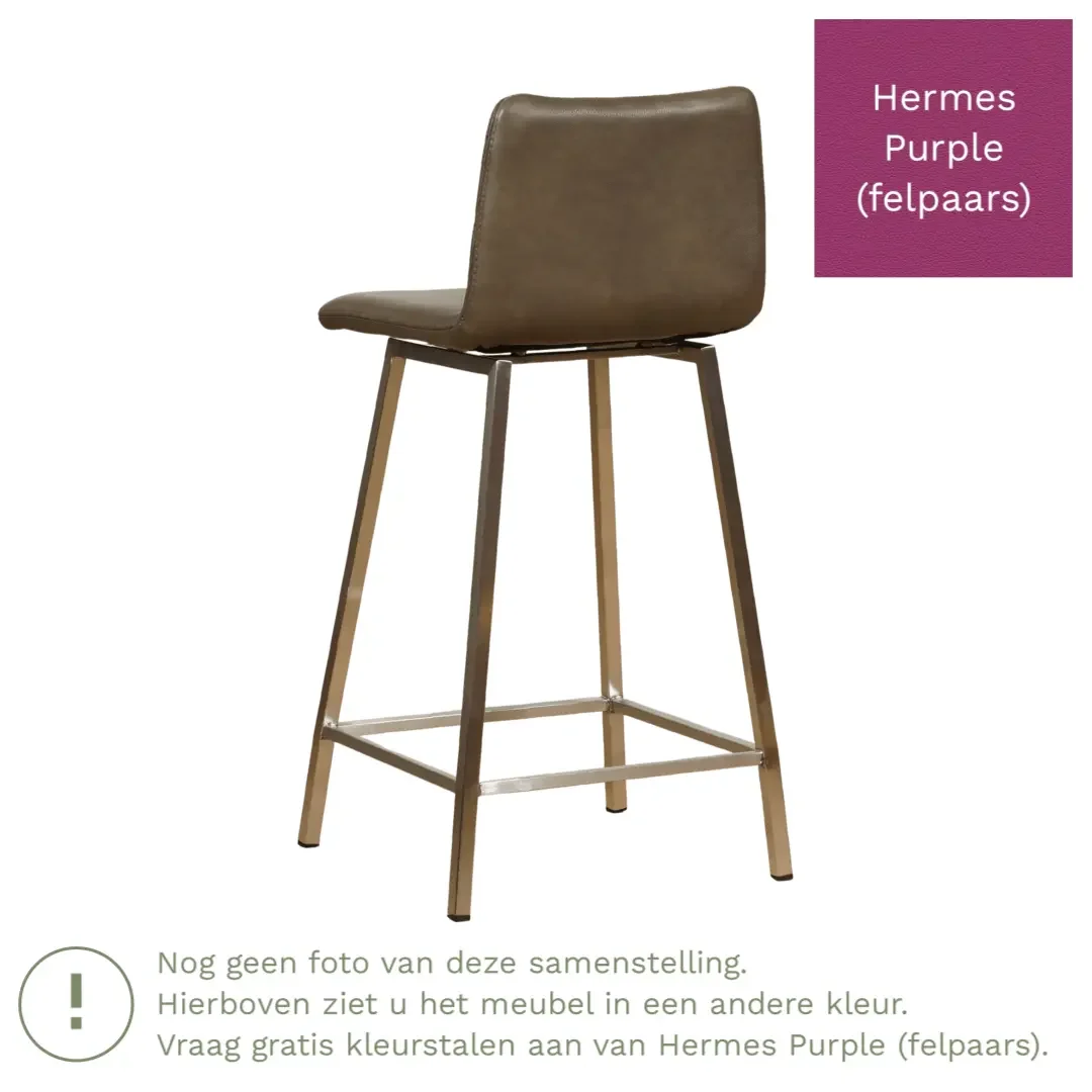 afbeelding van Leren barkruk Catch laag - Hermes Purple (felpaars) - Poten staal vierkant RVS
