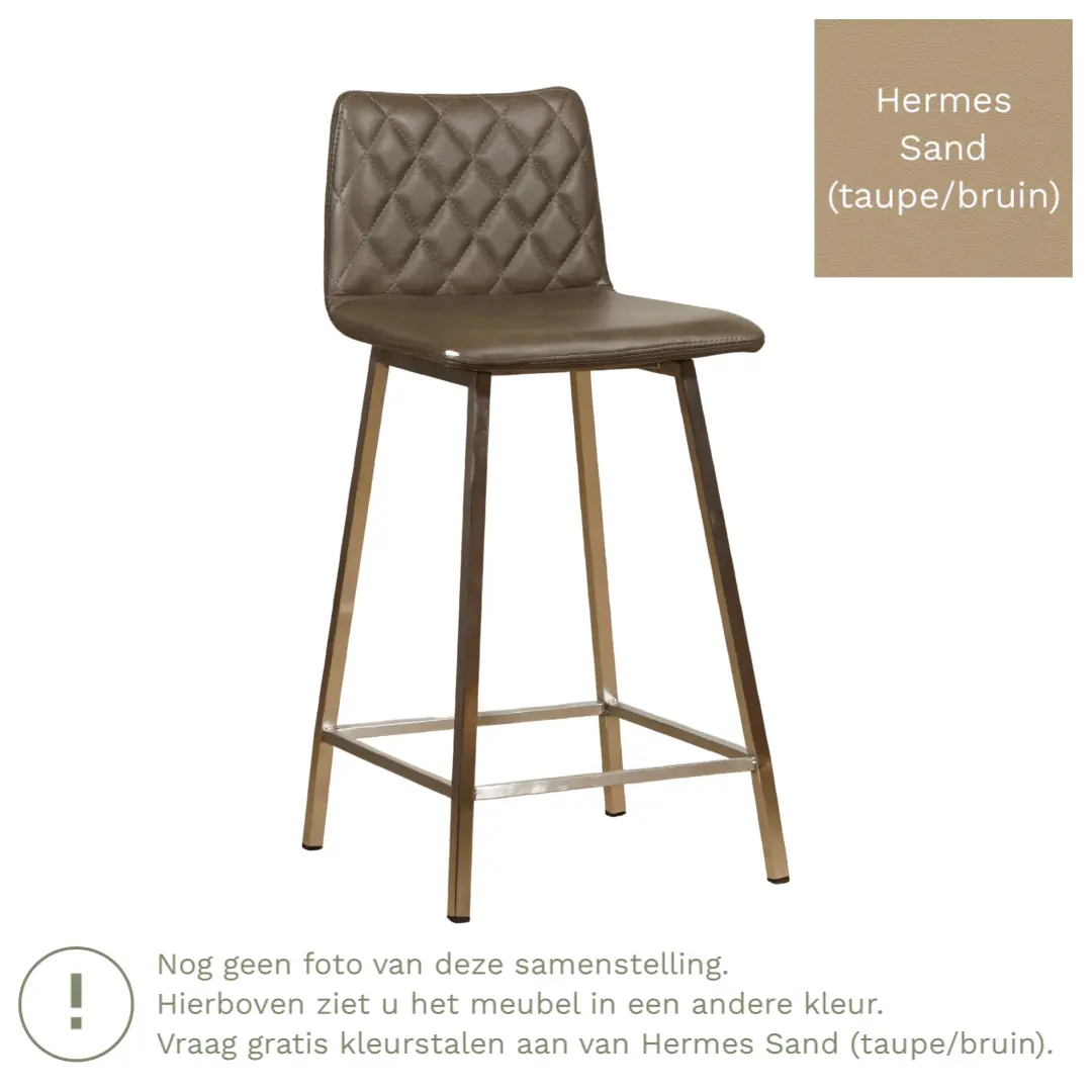 afbeelding van Leren barkruk Catch laag - Hermes Sand (taupe/bruin) - Poten staal vierkant RVS