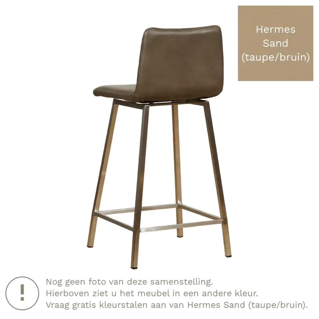 afbeelding van Leren barkruk Catch laag - Hermes Sand (taupe/bruin) - Poten staal vierkant RVS
